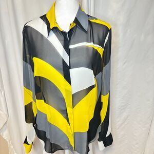 Bandolino Blouse Geometric Sheer Polyester Yellow Black White Grey Womens